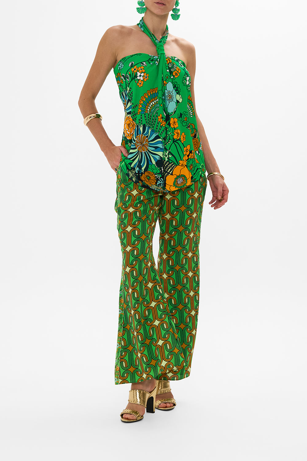 CAMILLA Green Draped Jersey Halter Top in Good Vibes Generation