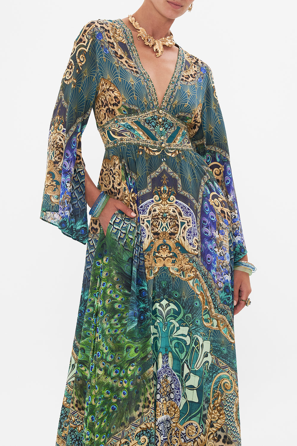 Crop view of model wearing CAMILLA silk kimono dress in Fan Dance print