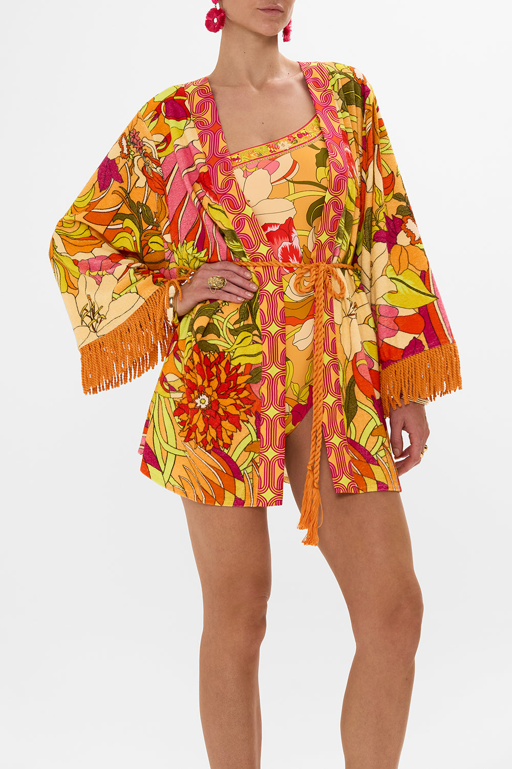 CAMILLA Floral Short Kimono Wrap in The Flower Child Society print