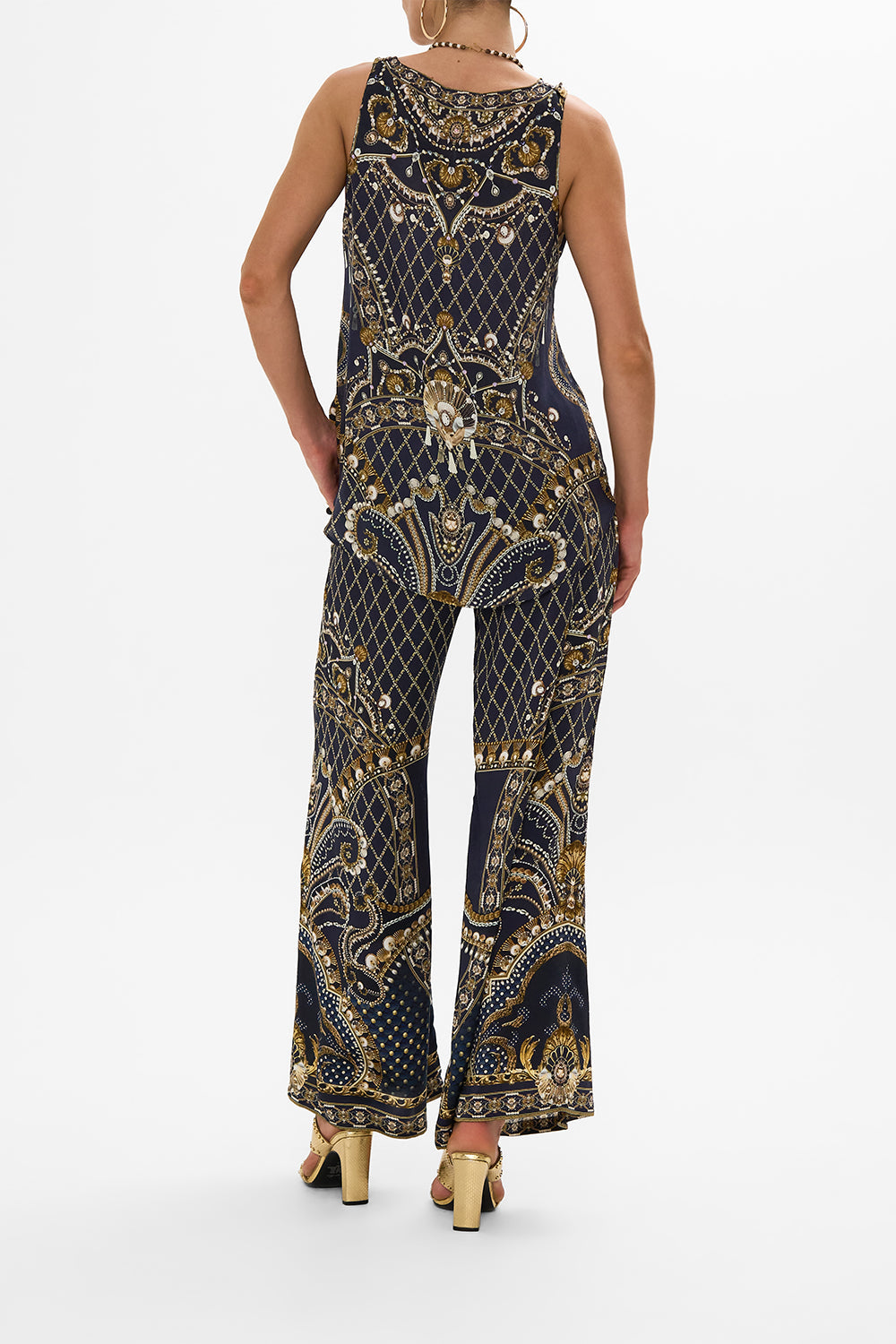 CAMILLA Gold Tank Top with Strap Bead Detail in Dance with the Duke print