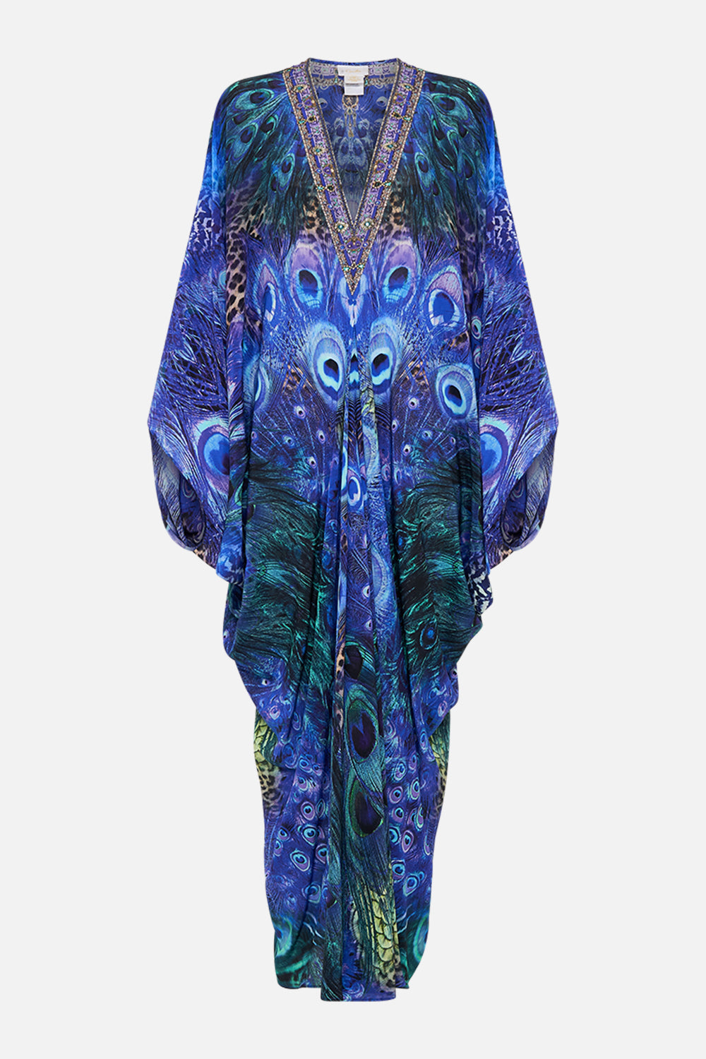 Product view of CAMILLA silk kaftan in Peacock Rock print