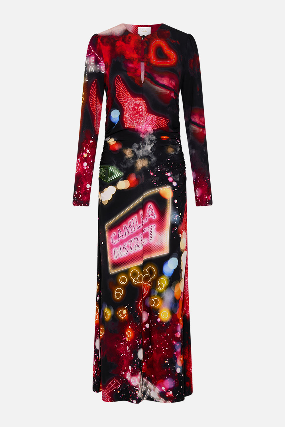 CAMILLA black jersey long dress in Electric Loveland print.