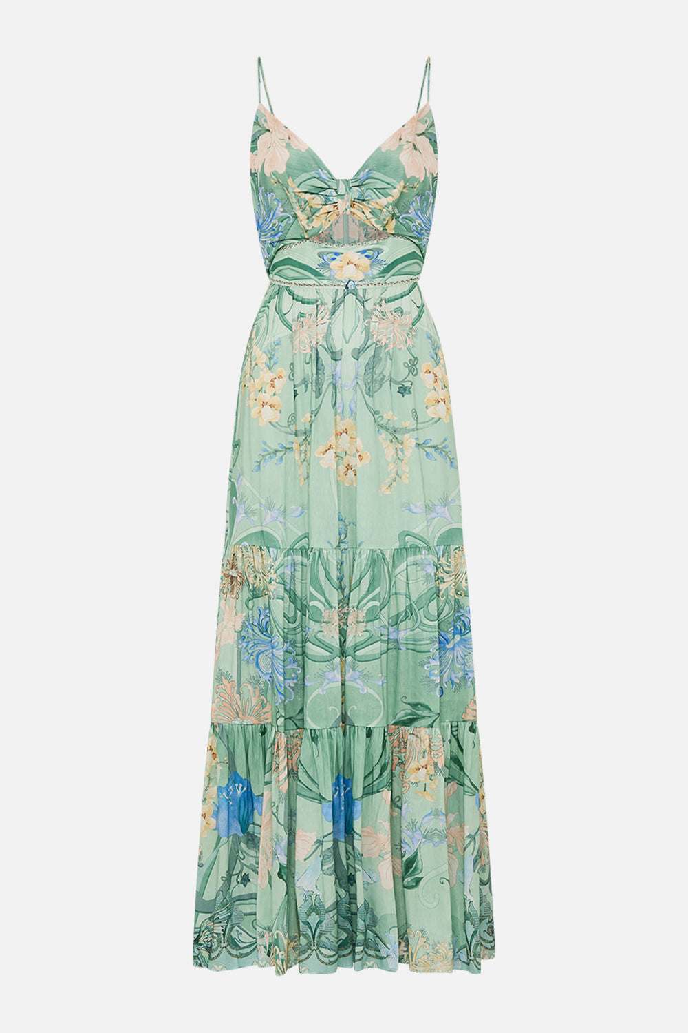 CAMILLA Floral Cut-Out Bodice Dress with Tiered Skirt in Dreaming in Dutch print