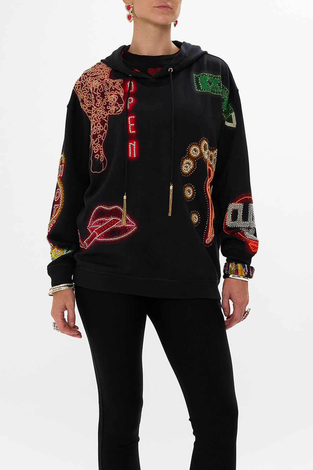 CAMILLA black hoody with pockets in Electric Loveland print.