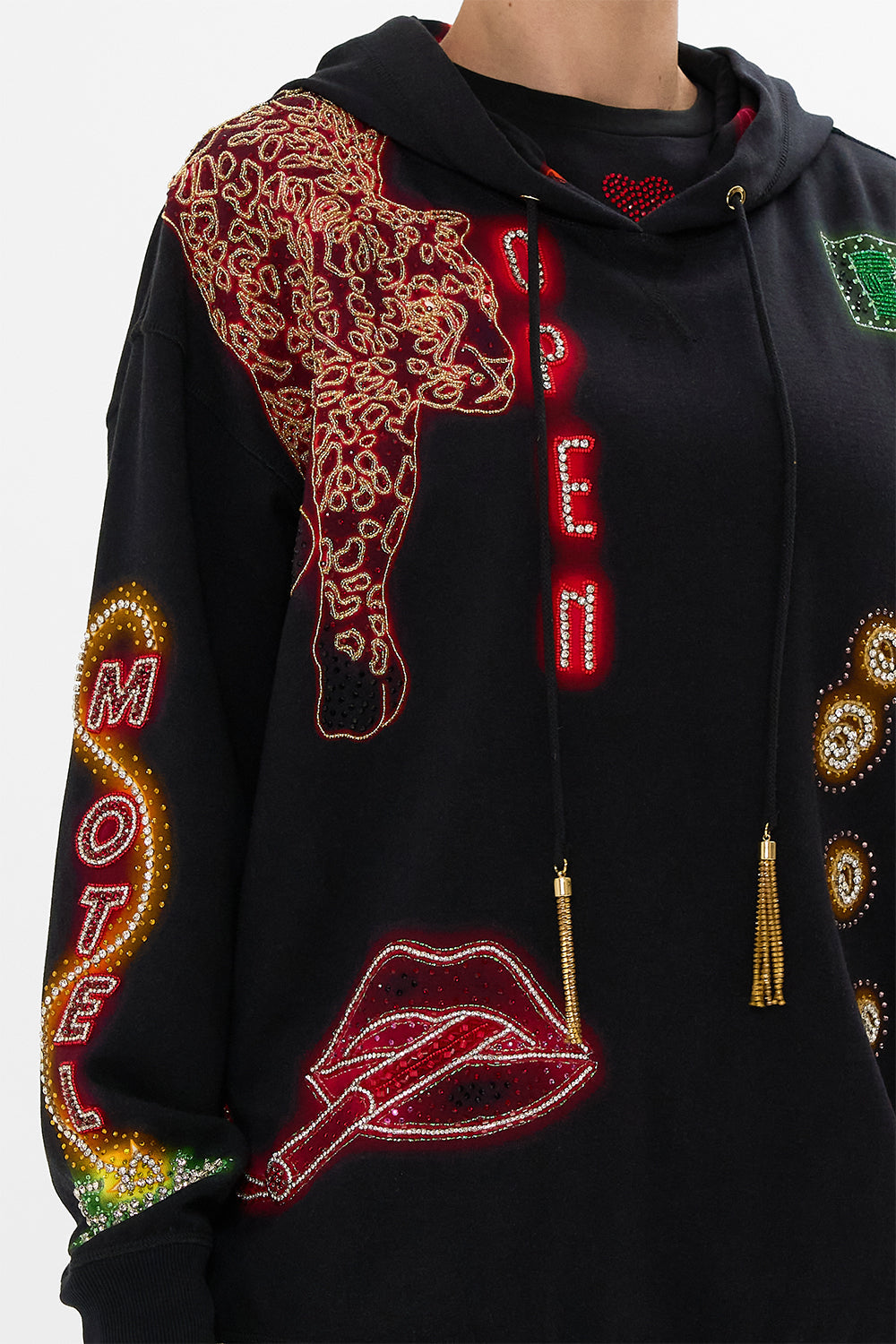 CAMILLA black hoody with pockets in Electric Loveland print.