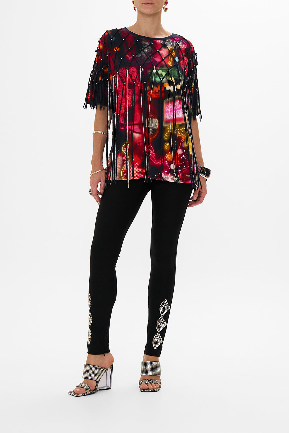 CAMILLA black oversized band tee with embellished overlay in Electric Loveland print.