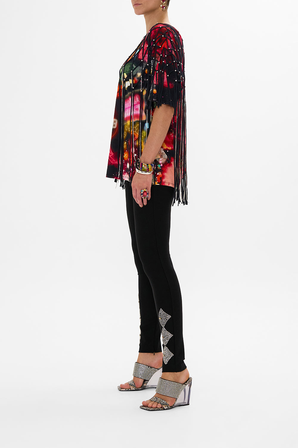 CAMILLA black oversized band tee with embellished overlay in Electric Loveland print.