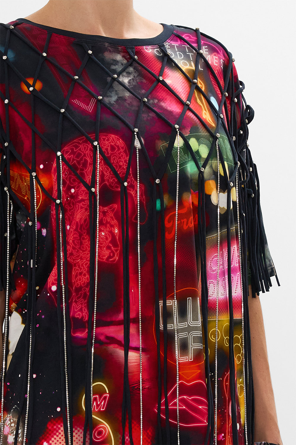 CAMILLA black oversized band tee with embellished overlay in Electric Loveland print.