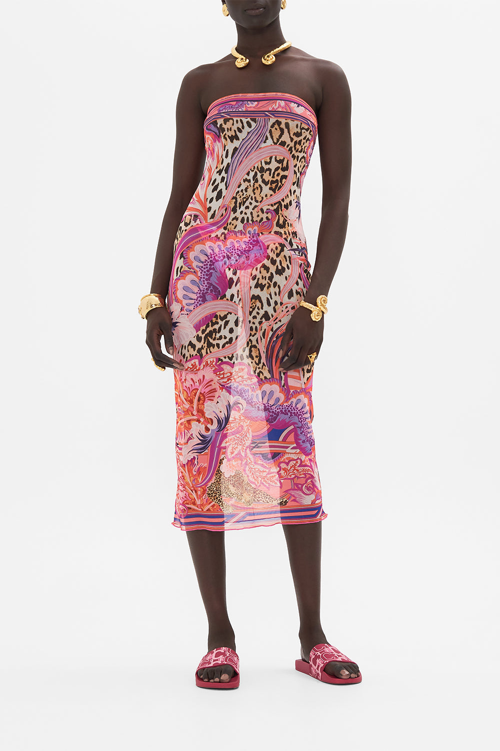 Front view of model wearing CAMILLA mesh dress in Viola Vintage print