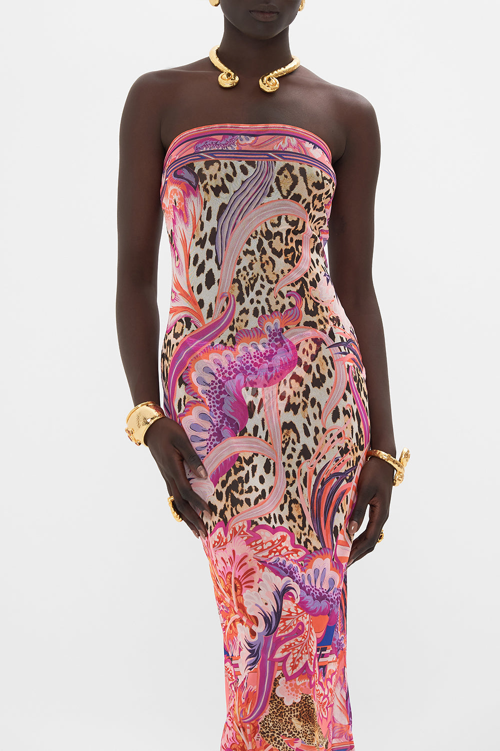 Crop view of model wearing CAMILLA mesh dress in Viola Vintage print