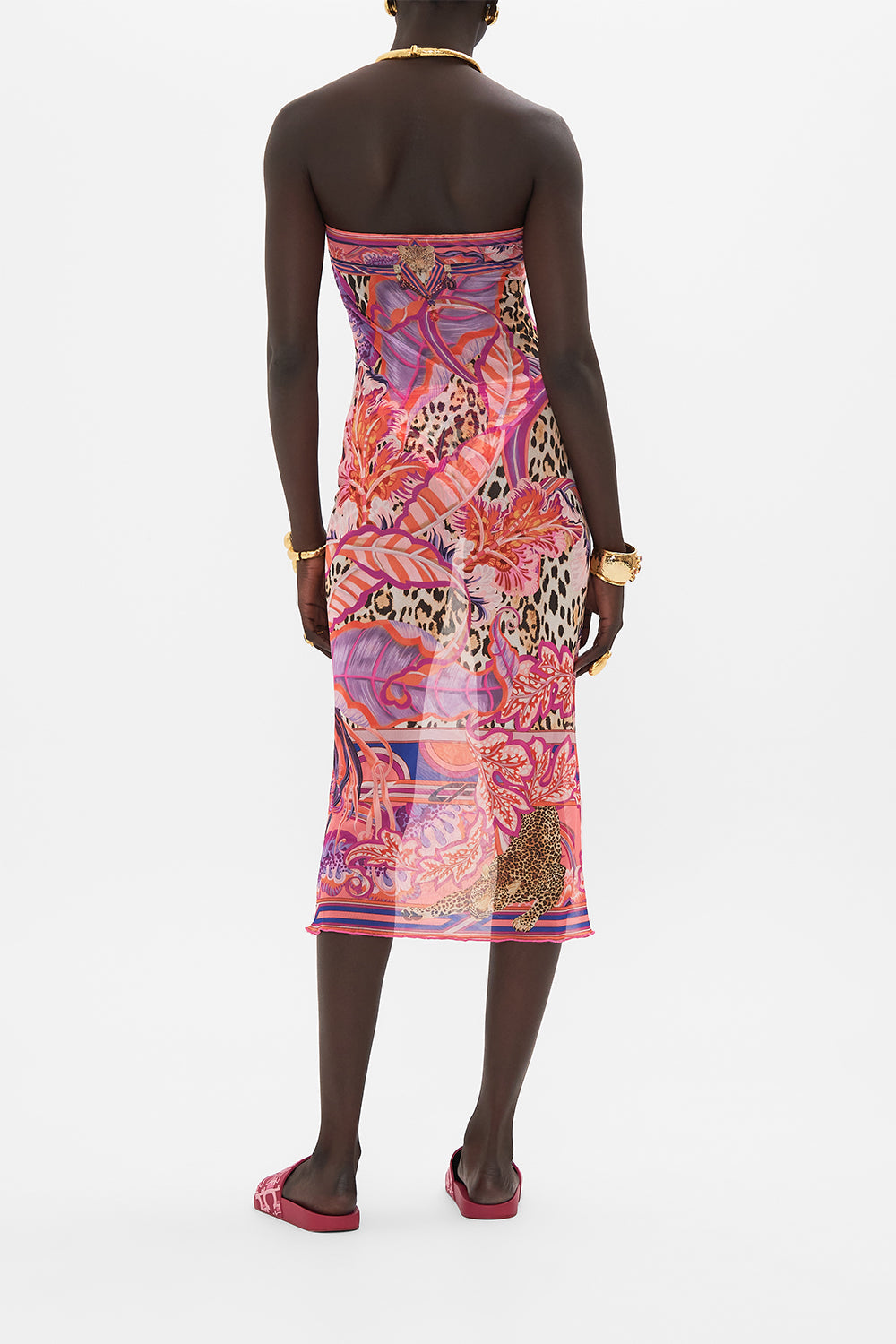 Back view of model wearing CAMILLA mesh dress in Viola Vintage print