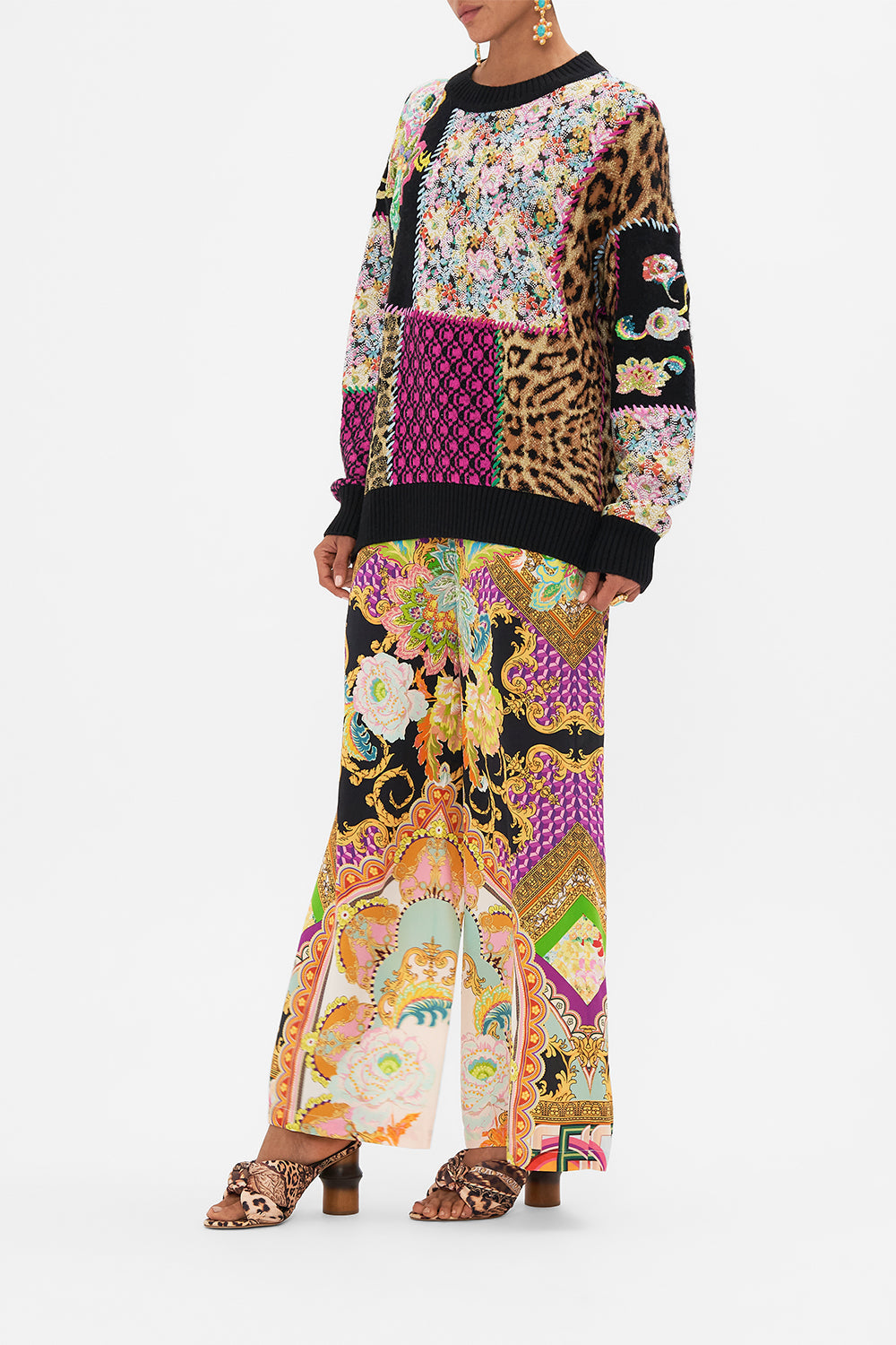 Side view of model wearing CAMILLA printed jumper in Sundowners in Sicily print