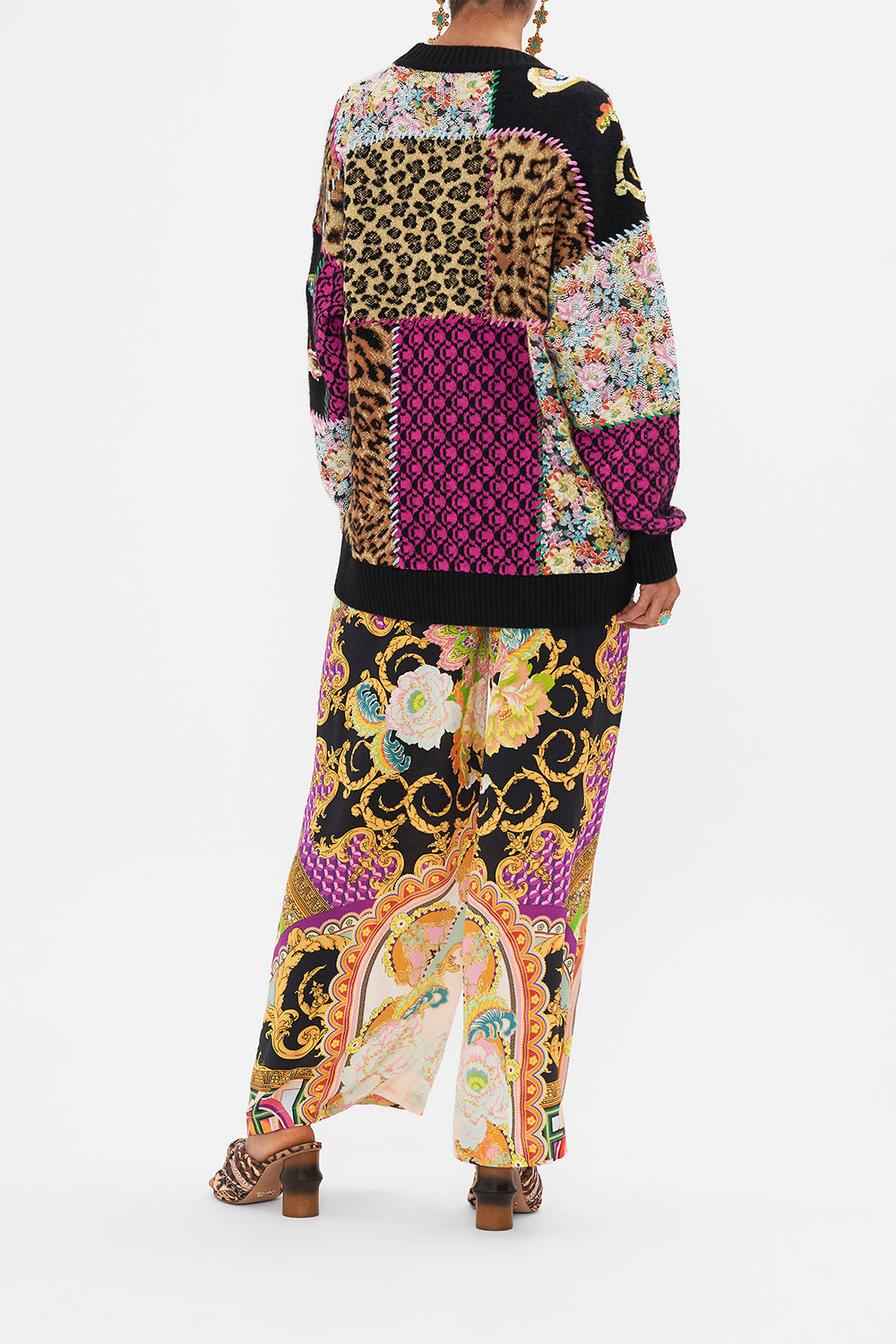 Back view of model wearing CAMILLA printed jumper in Sundowners in Sicily print