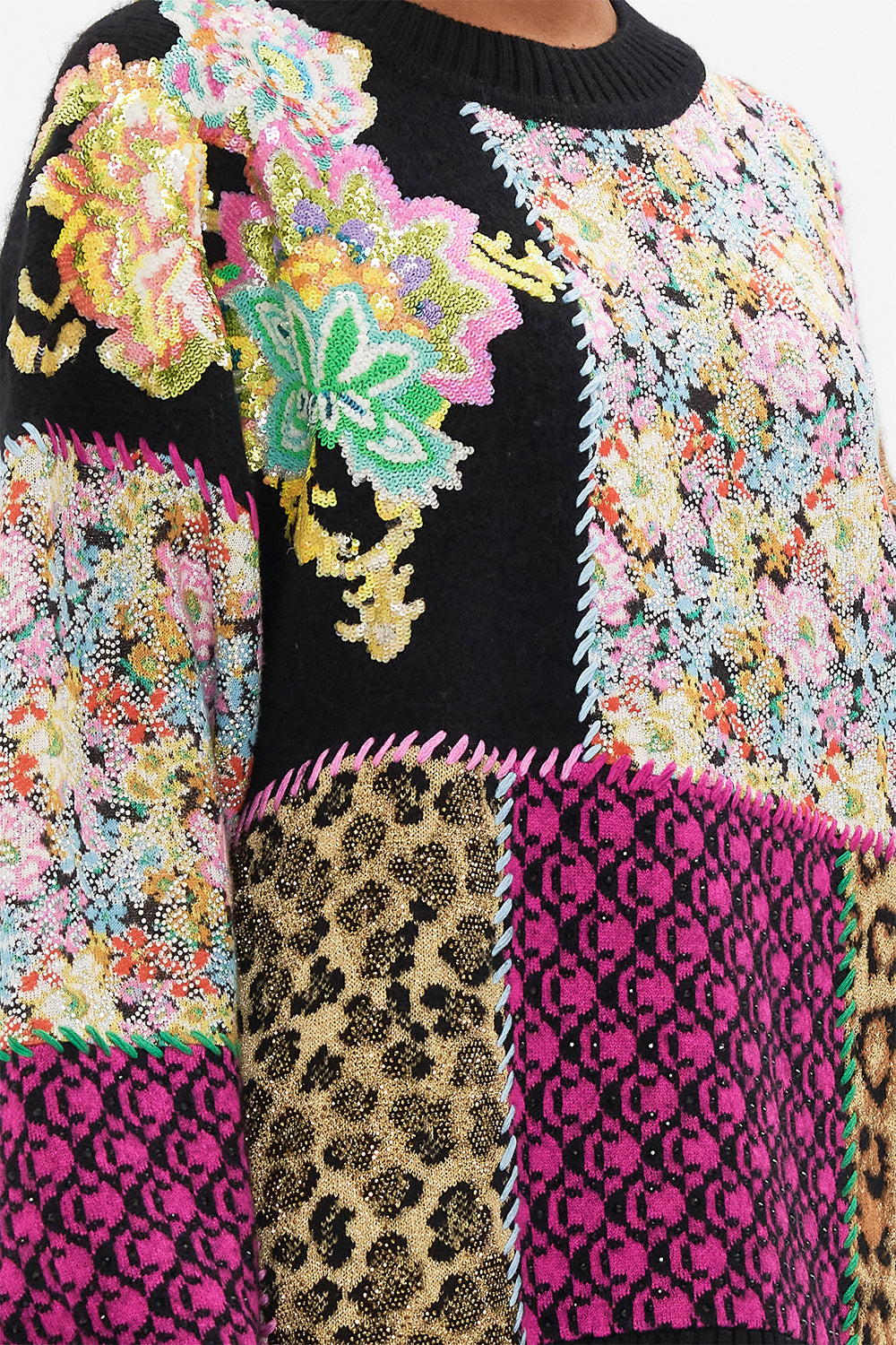 Detail view of model wearing CAMILLA printed jumper in Sundowners in Sicily print