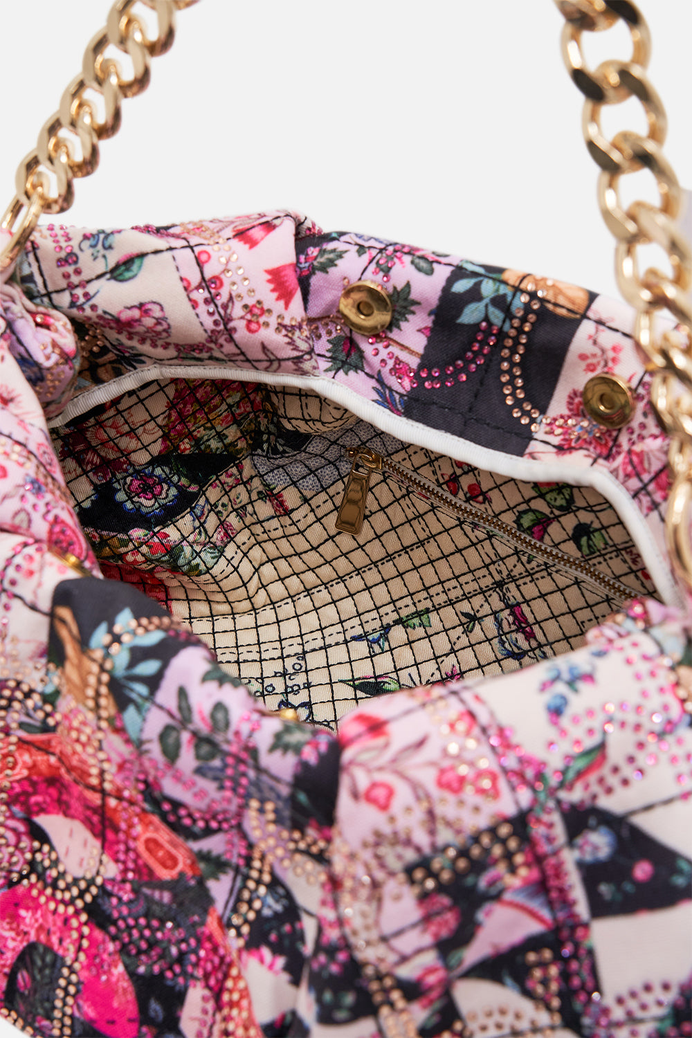 CAMILLA floral oversized clutch with chain in Patchwork Poetry