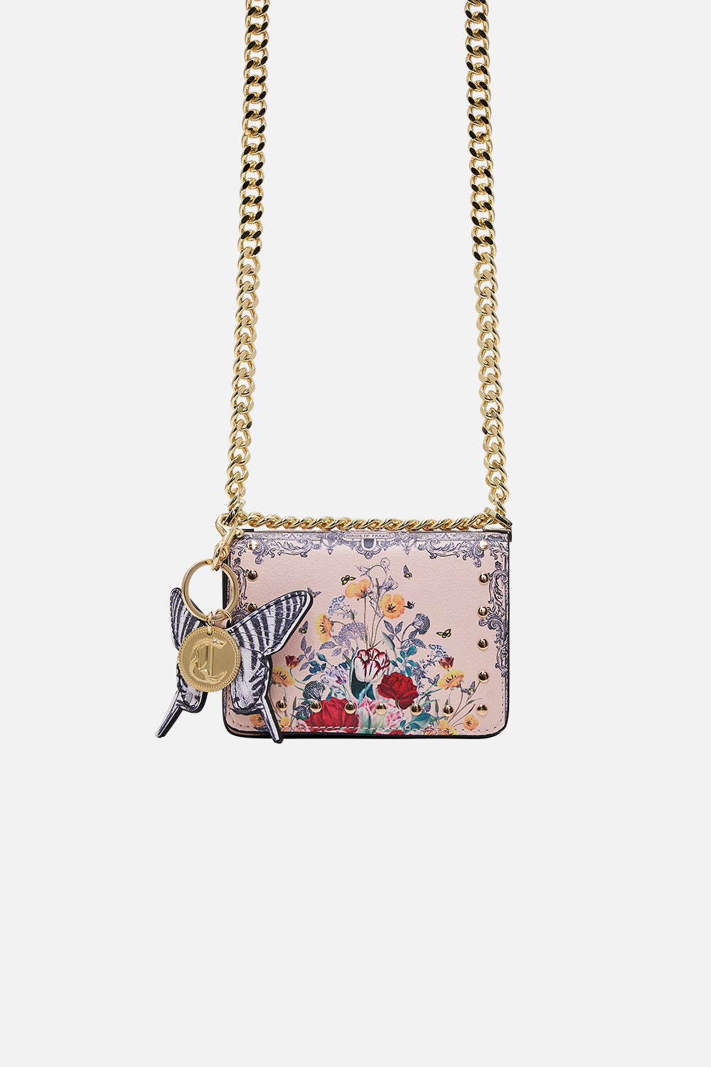 CAMILLA floral mini crossbody box bag with chain in Etched into Eternity