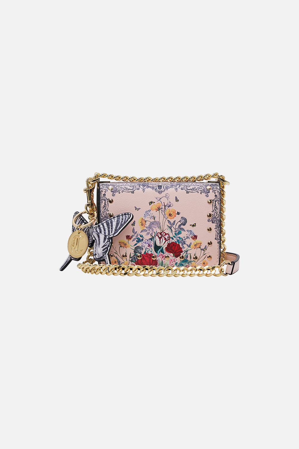 CAMILLA floral mini crossbody box bag with chain in Etched into Eternity