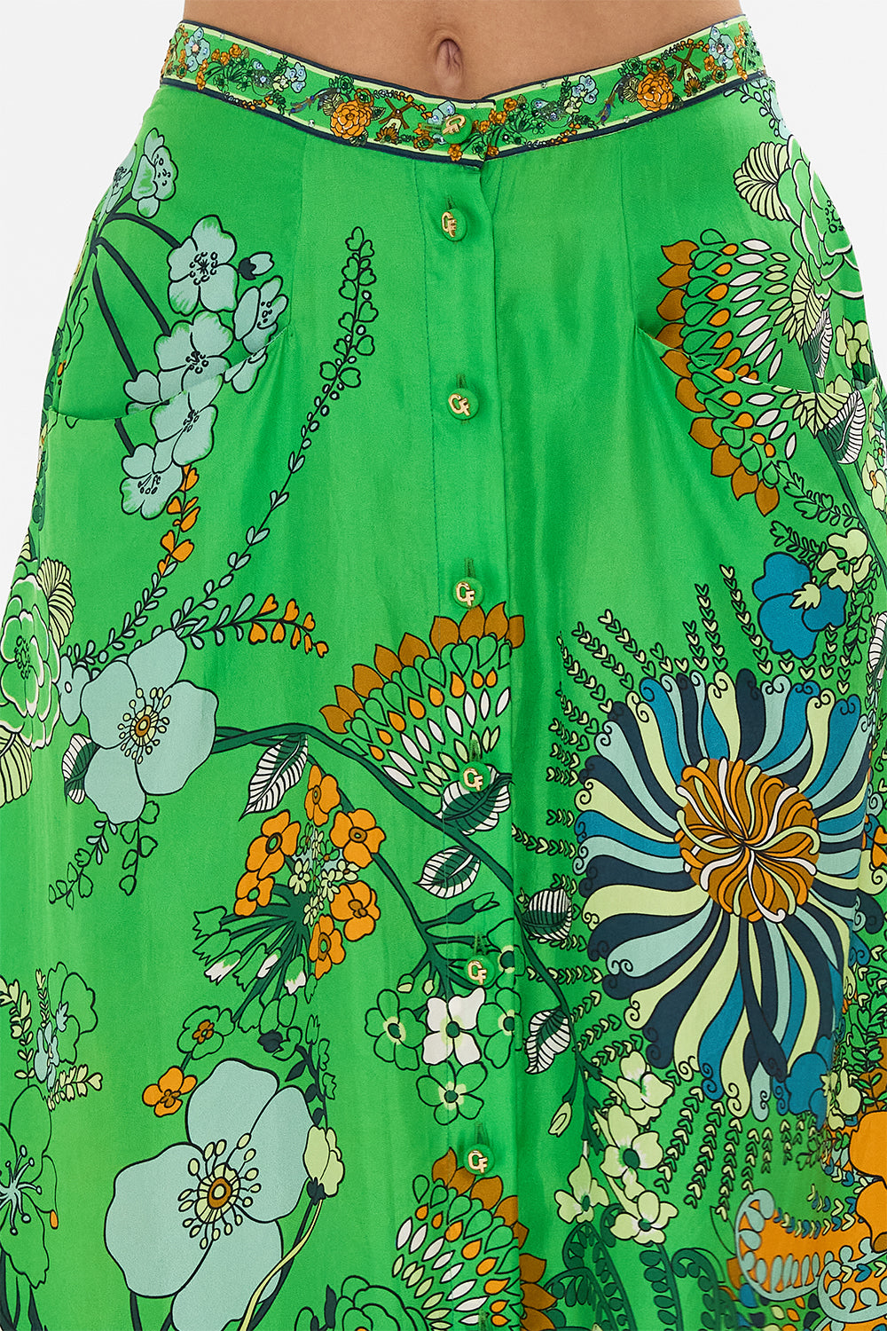 CAMILLA green button through skirt in Good Vibes Generation print.