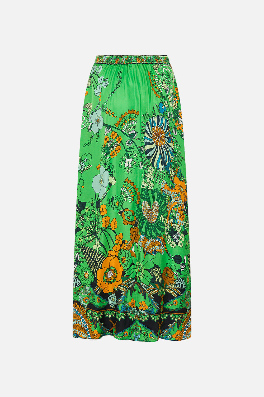 CAMILLA green button through skirt in Good Vibes Generation print.