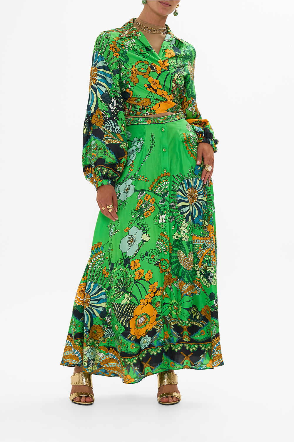 CAMILLA green button through skirt in Good Vibes Generation print.