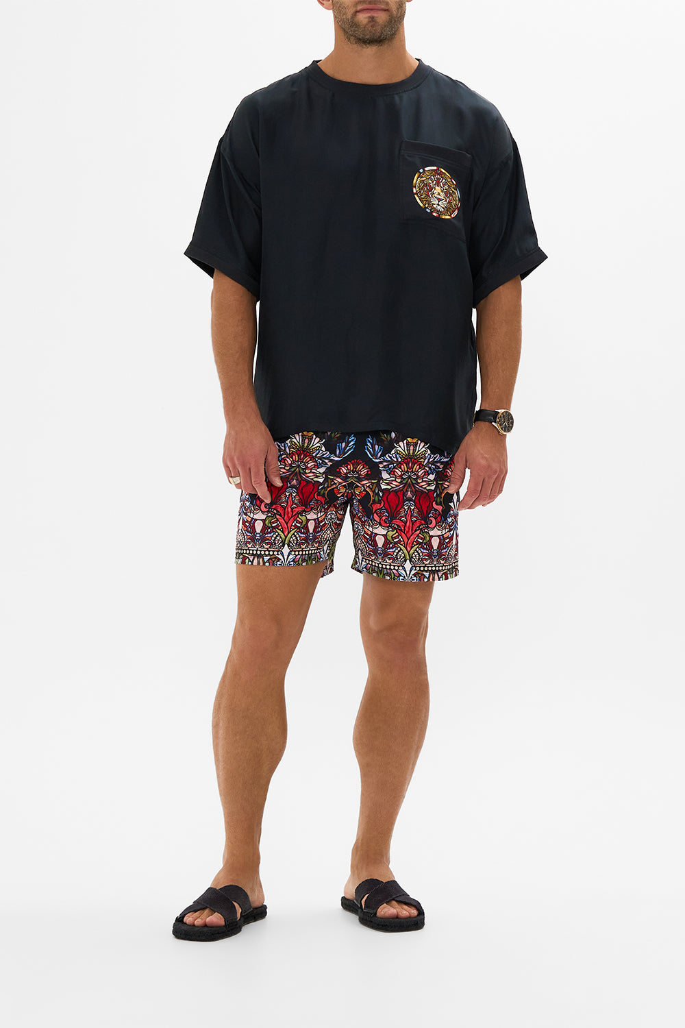 Hotel Franks by CAMILLA black men's woven t-shirt in Leadlight Legends