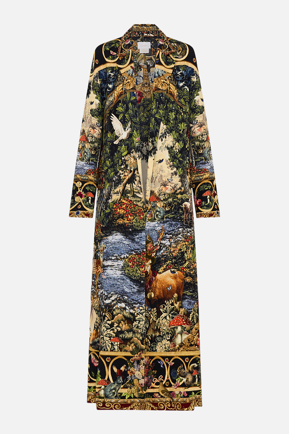 CAMILLA Floral Coat with Wide Cuffs and Short Side Splits in Tapestry Totems