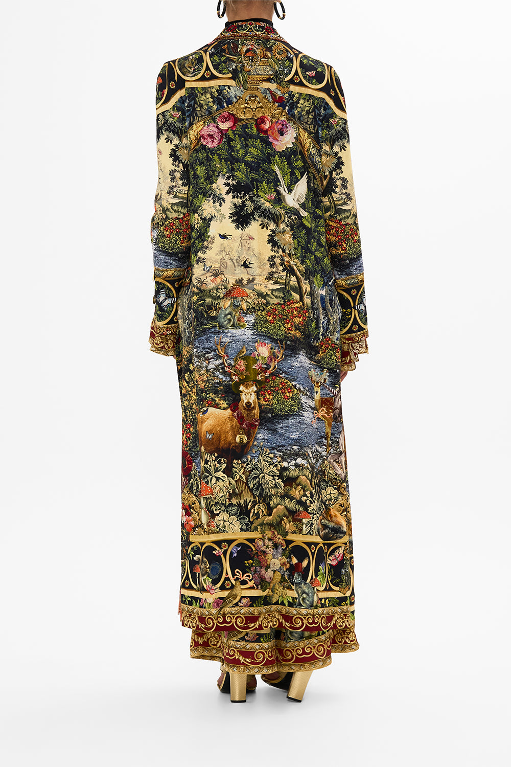 CAMILLA Floral Coat with Wide Cuffs and Short Side Splits in Tapestry Totems