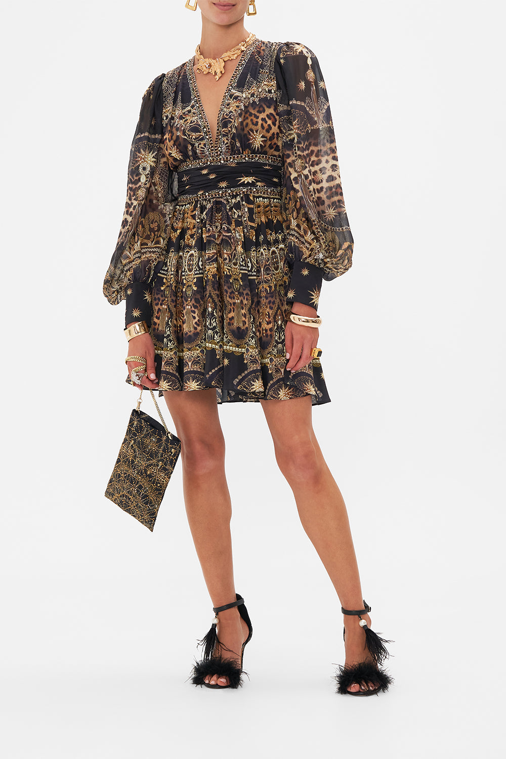 Front view of model wearing CAMILLA mini dress in Masked At Moonlight print