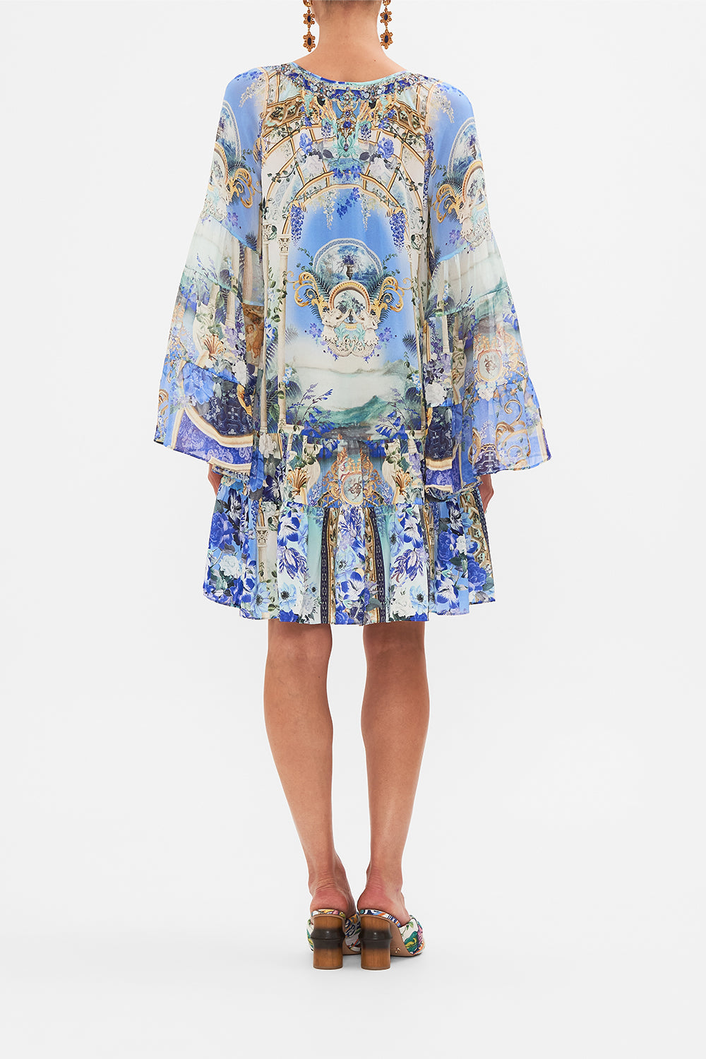 Back view of model wearing CAMILLA A Line dress in Views Of Vesuvious print