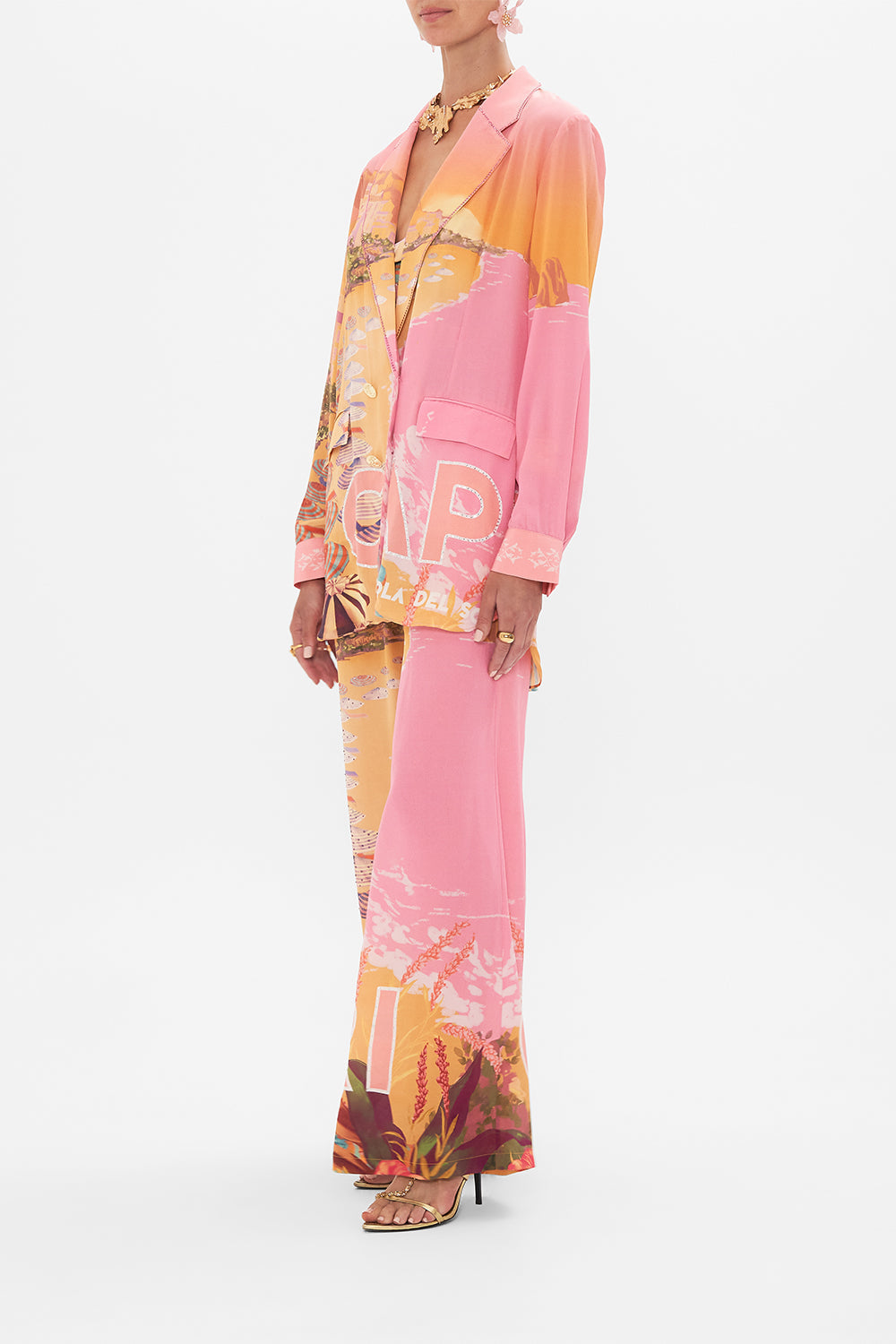 Side view of model wearing CAMILLA silk jacket in Capri Me print