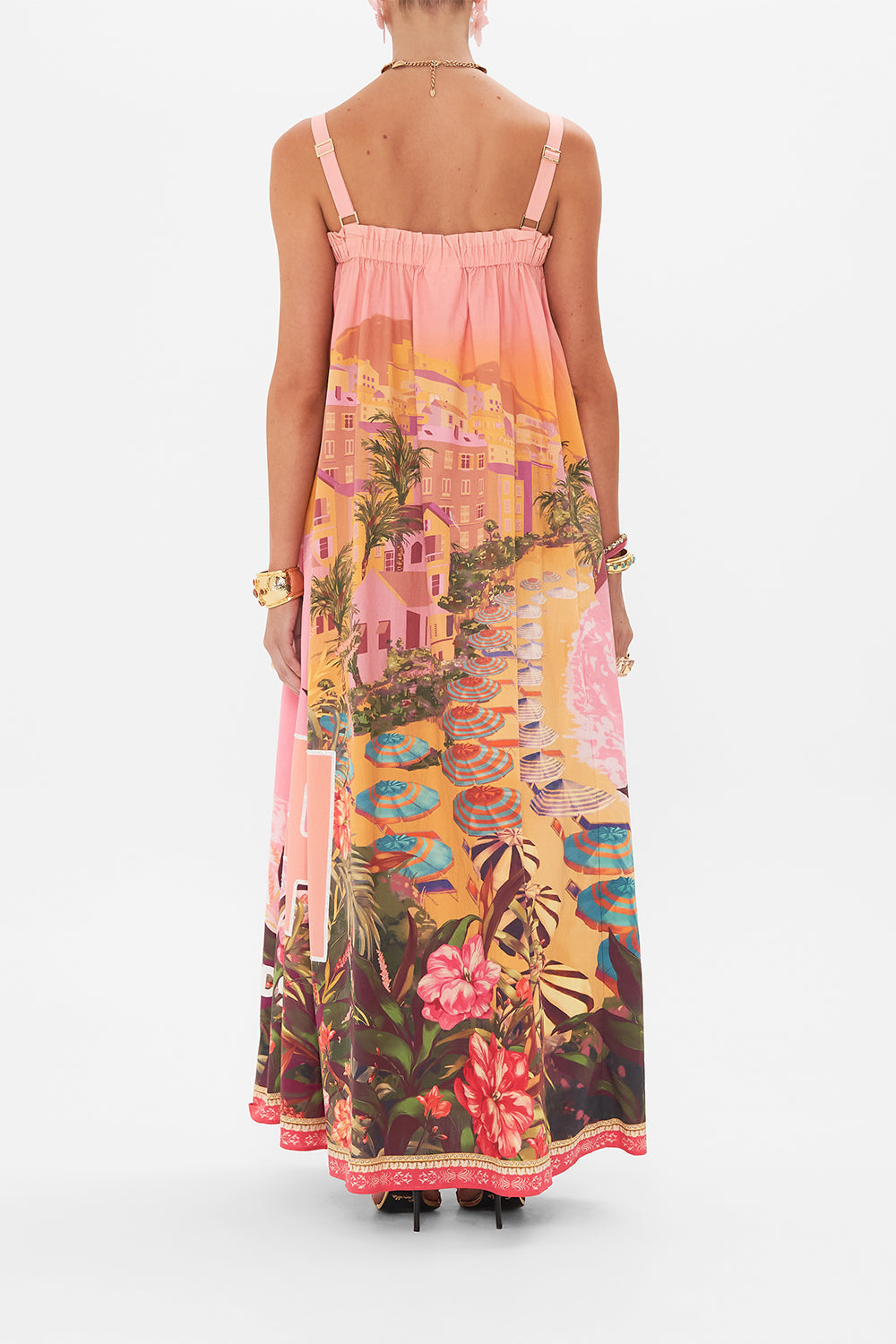 Back view of model wearing CAMILLA sundress in Capri Me print