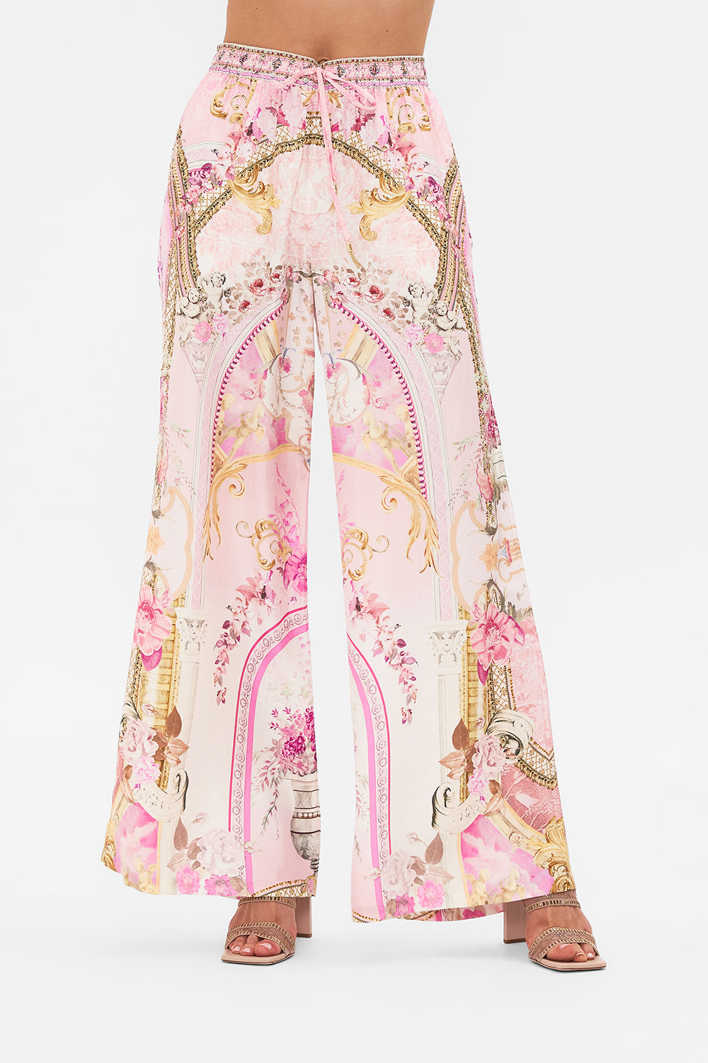 Crop view of model wearing CAMILLA silk lounge pant in Feeling Fresco print