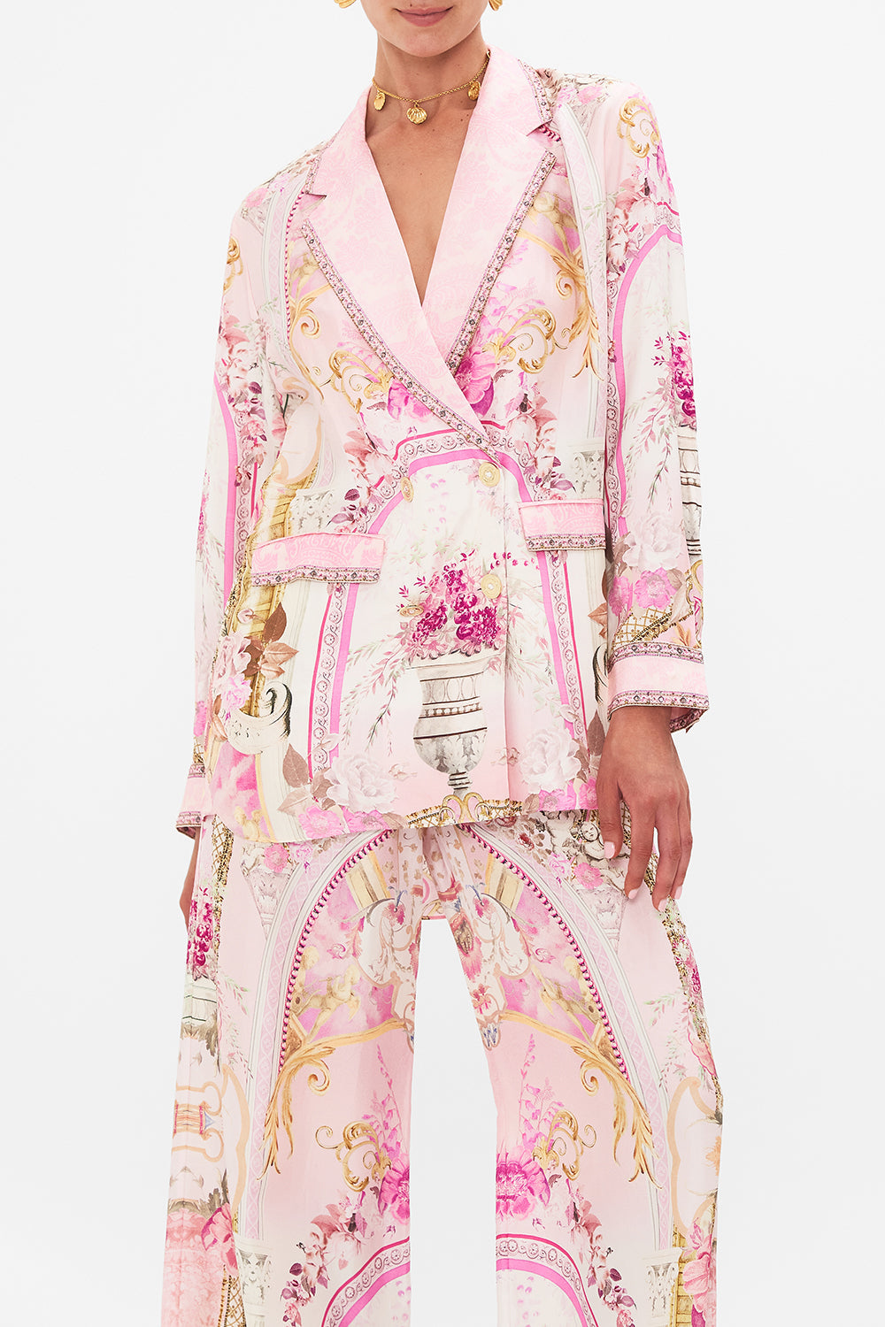 Crop view of model wearing CAMILLA silk blazer in Feeling Fresco print