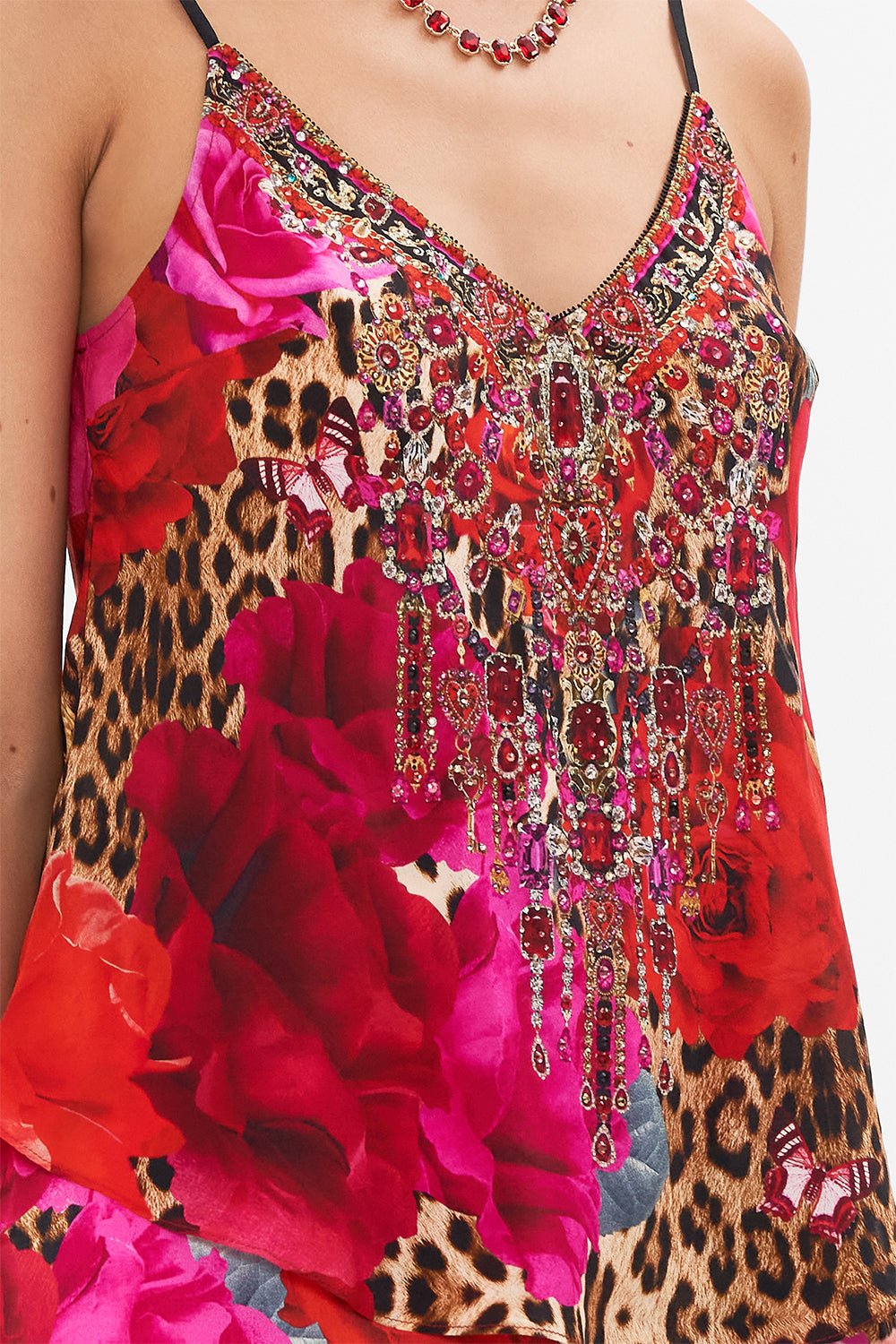 Detail view of model wearing CAMILLA silk cami in Heart Like A Wildflower print