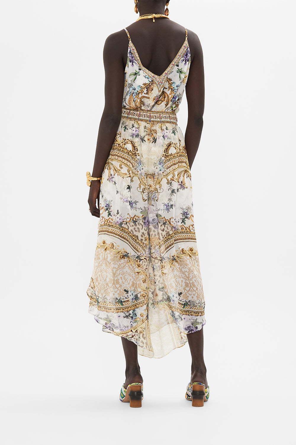 Back view of model wearing CAMILLA silk culotte pants in Palazzo Play Date print