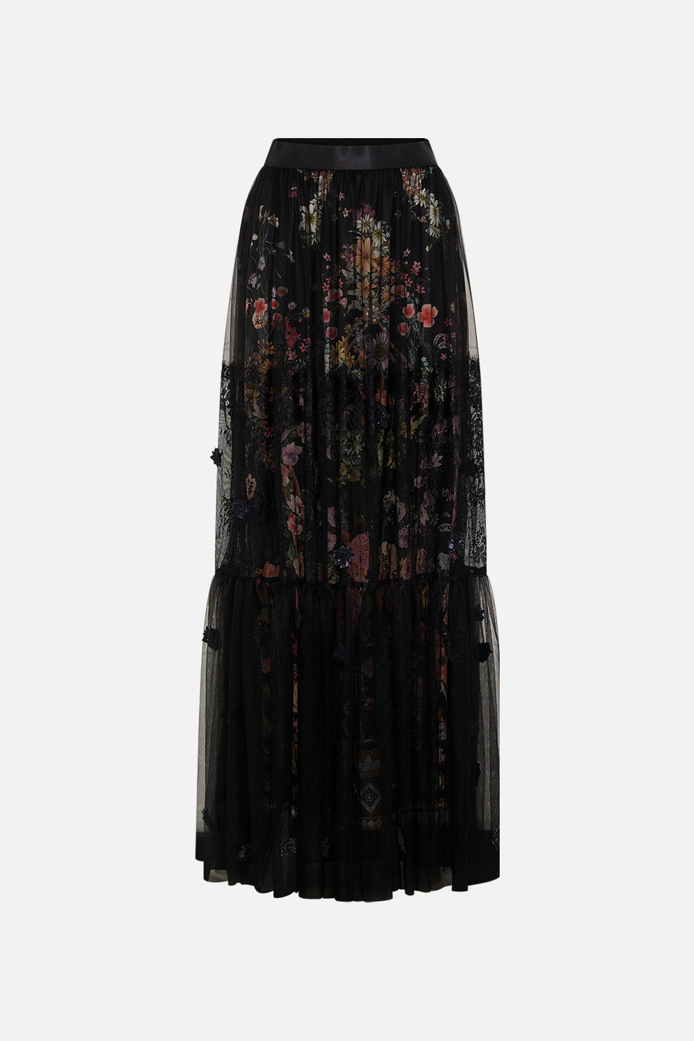 Product view of CAMILLA ruffle skirt in Letters From A Vineyard print