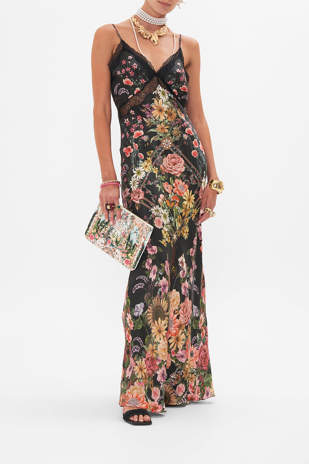 Front view of model wearing CAMILLA bias silk slip dress in Letters From A Vineyward print