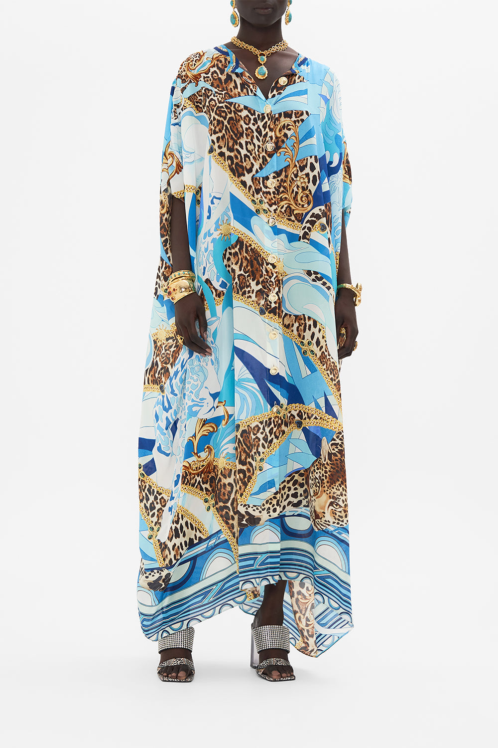 Front view of model wearing CAMILLA silk kaftan in Sky Cheetah print