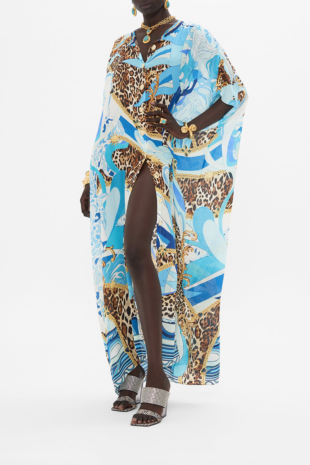 Crop view of model wearing CAMILLA silk kaftan in Sky Cheetah print