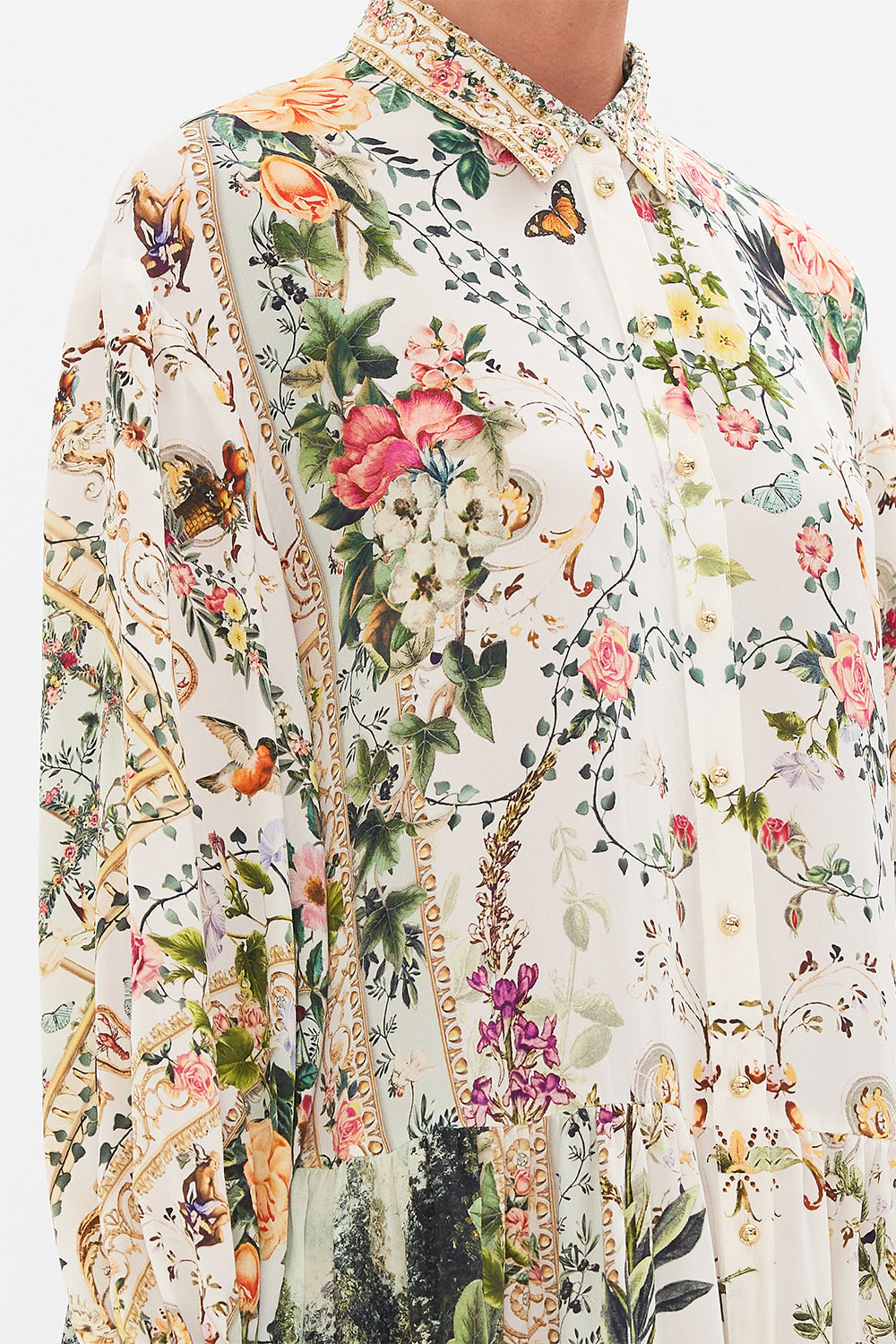 Detail view of model wearing CAMILLA silk shirt dress in Renaissance Romance print