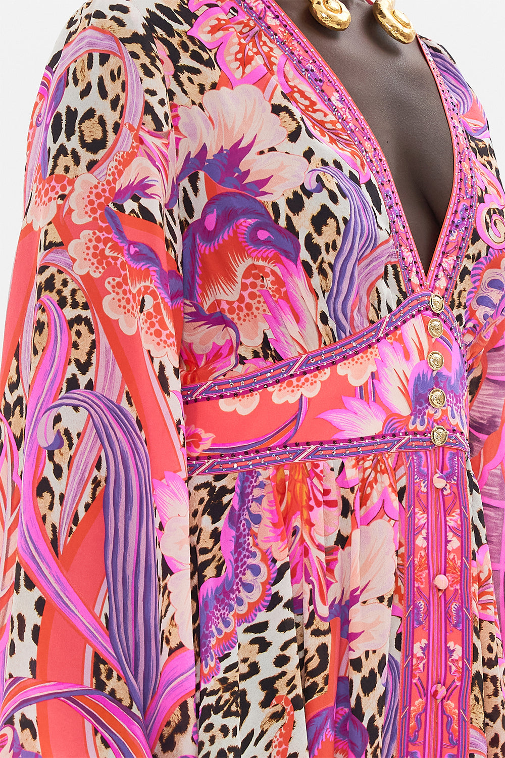 Detail view of model wearing CAMILLA silk wide sleeve dress in Viola Vintage print