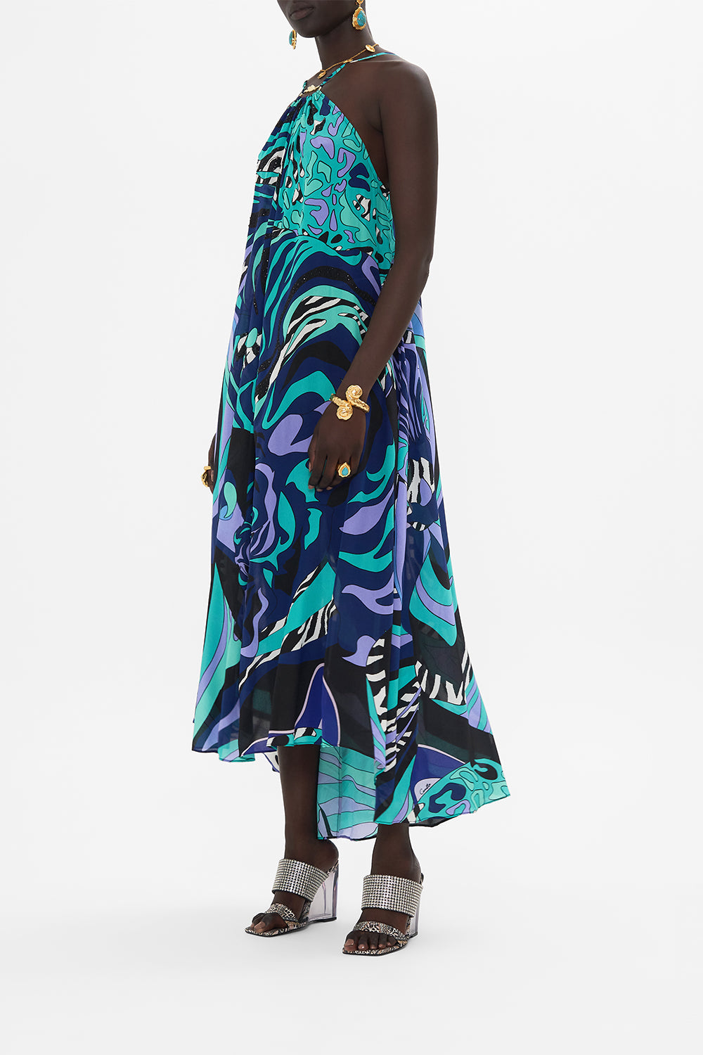 Side view of model wearing CAMILLA maxi dress in Fresco Fairytale print