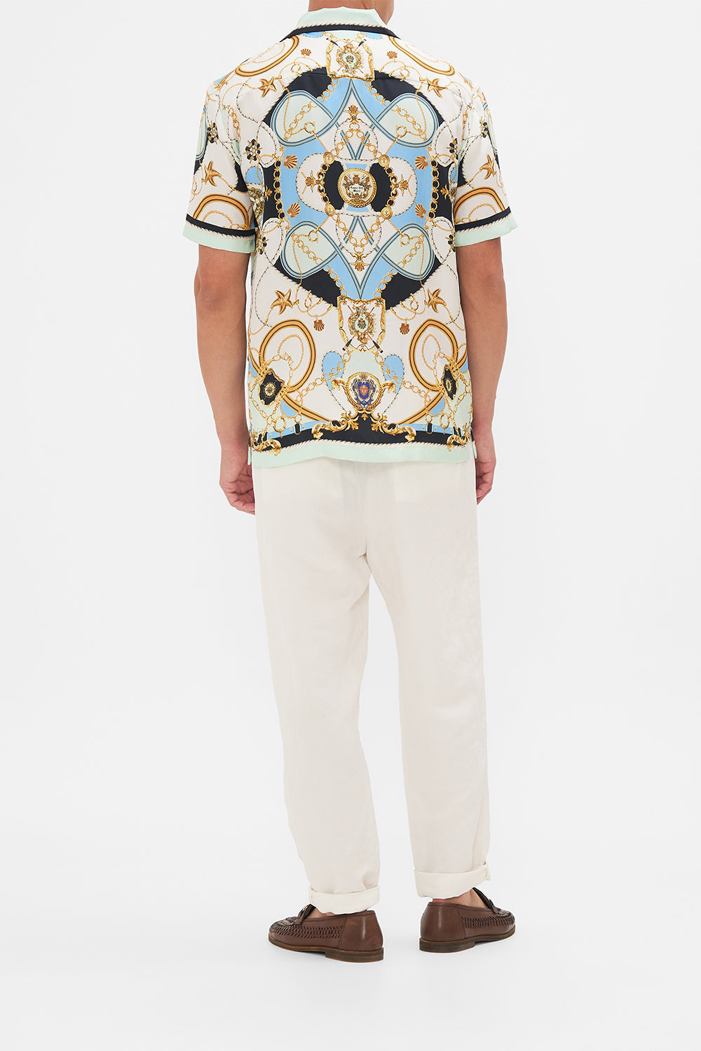 Back view of model wearing Hotel Franks By CAMILLA mens shirt Sea Charm print