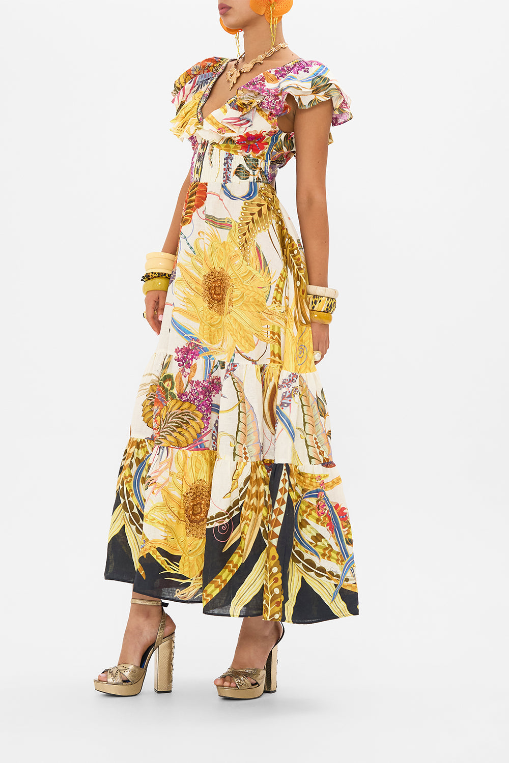 CAMILLA frill dress in Sunflowers On My Mind print