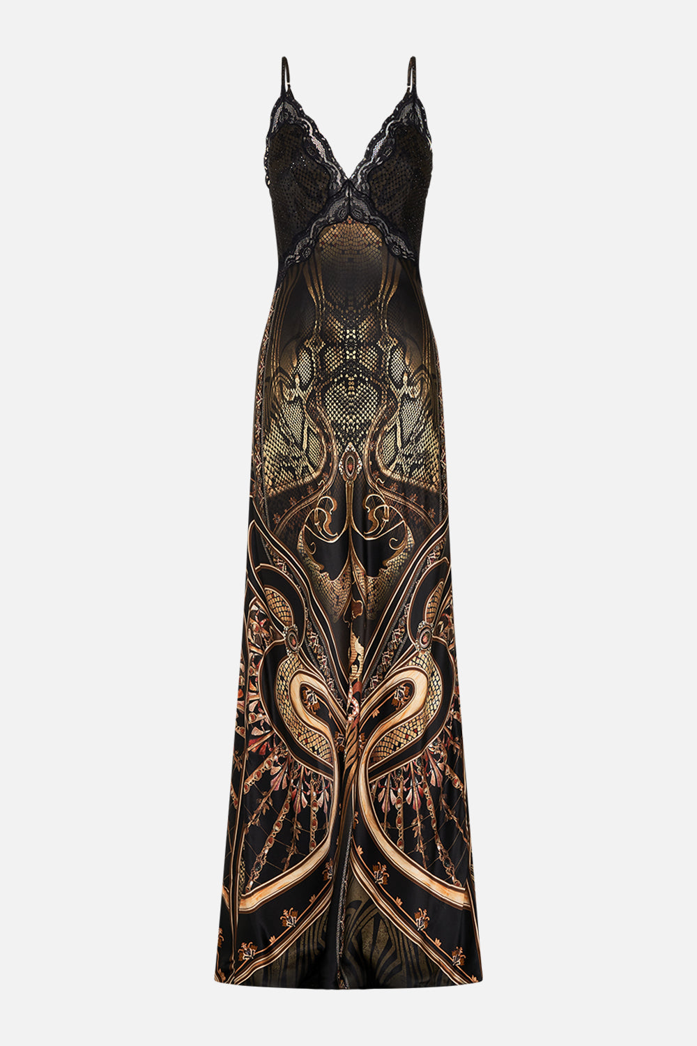 CAMILLA silk slip dress in Nouveau Noir print