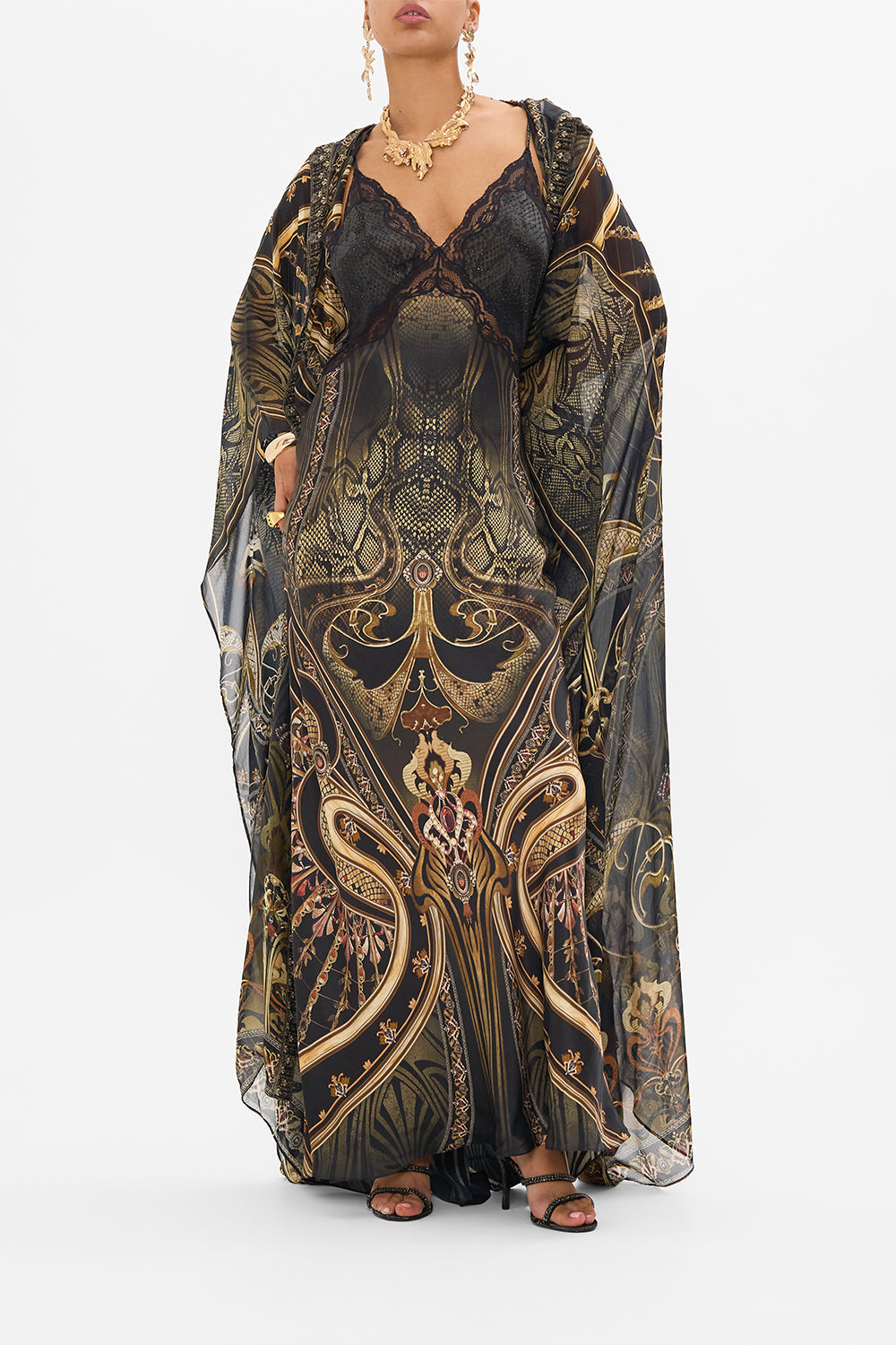 CAMILLA silk slip dress in Nouveau Noir print