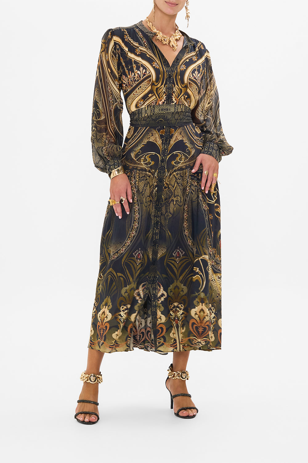 CAMILLA silk button through dress in Nouveau Noir print