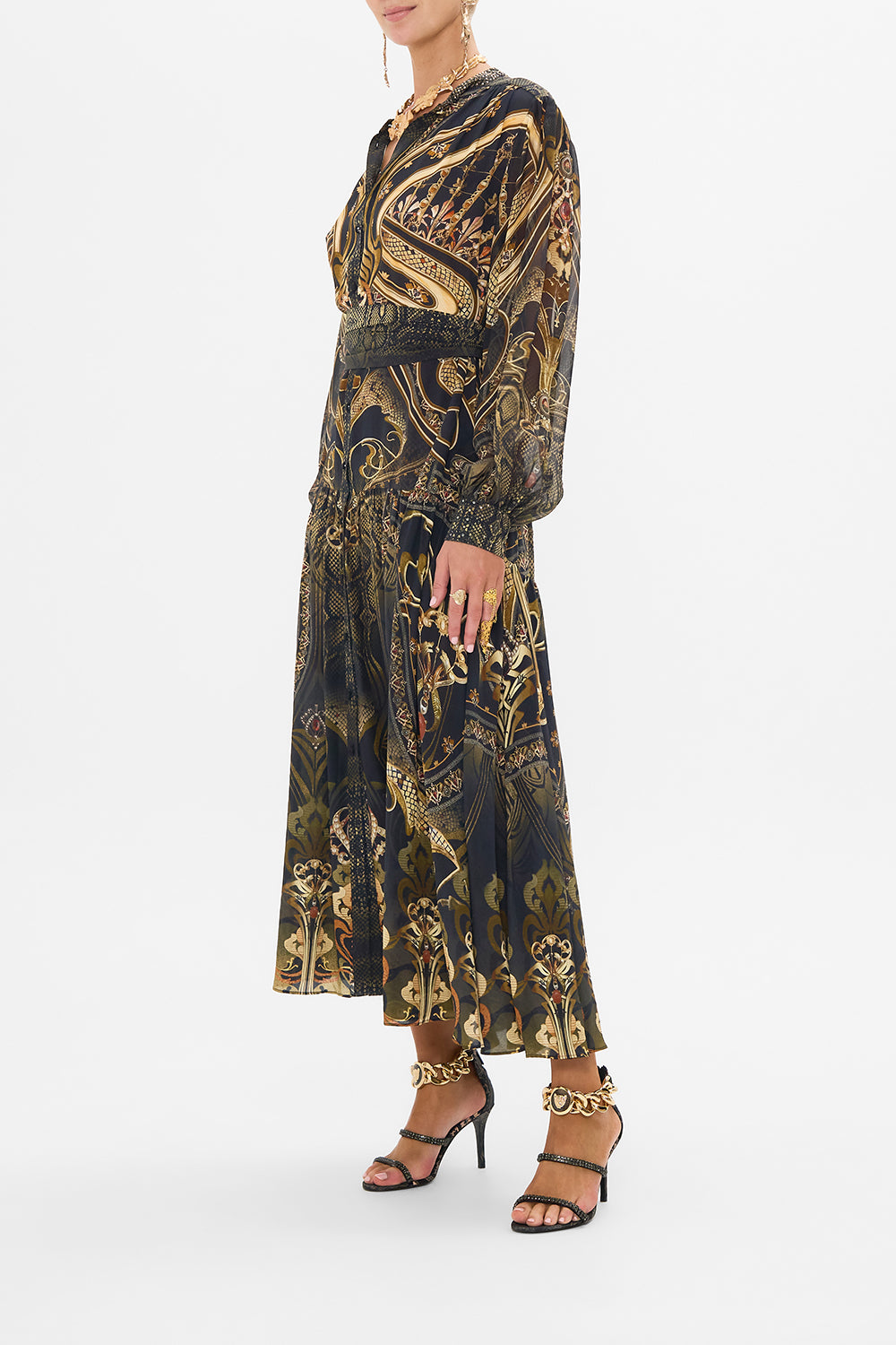 CAMILLA silk button through dress in Nouveau Noir print