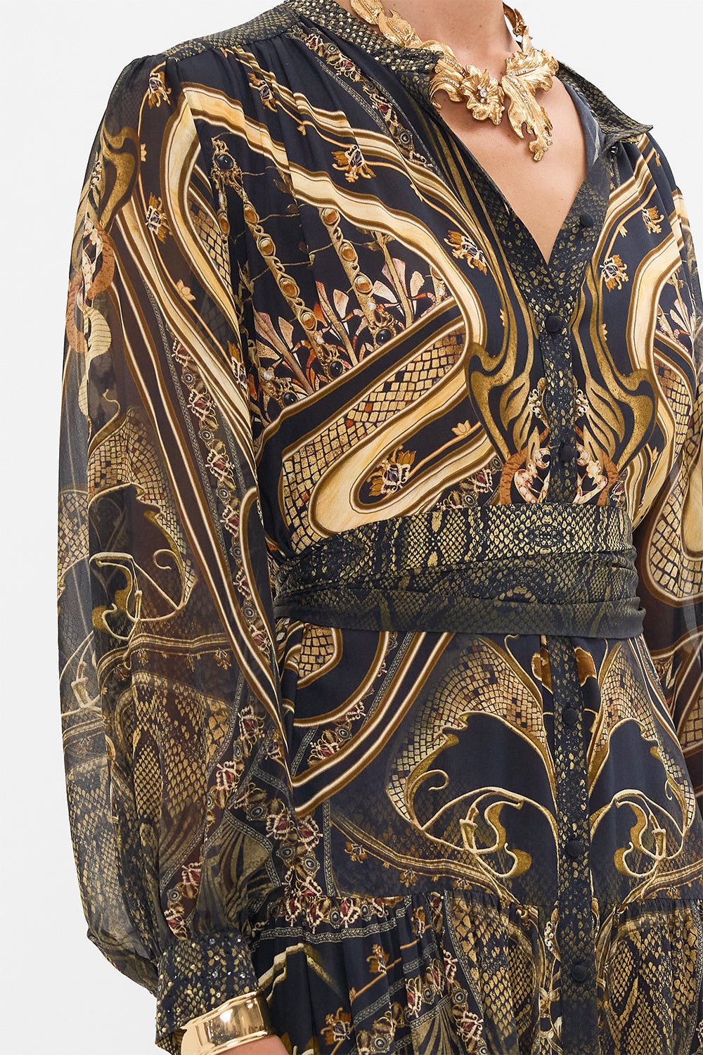 CAMILLA silk button through dress in Nouveau Noir print