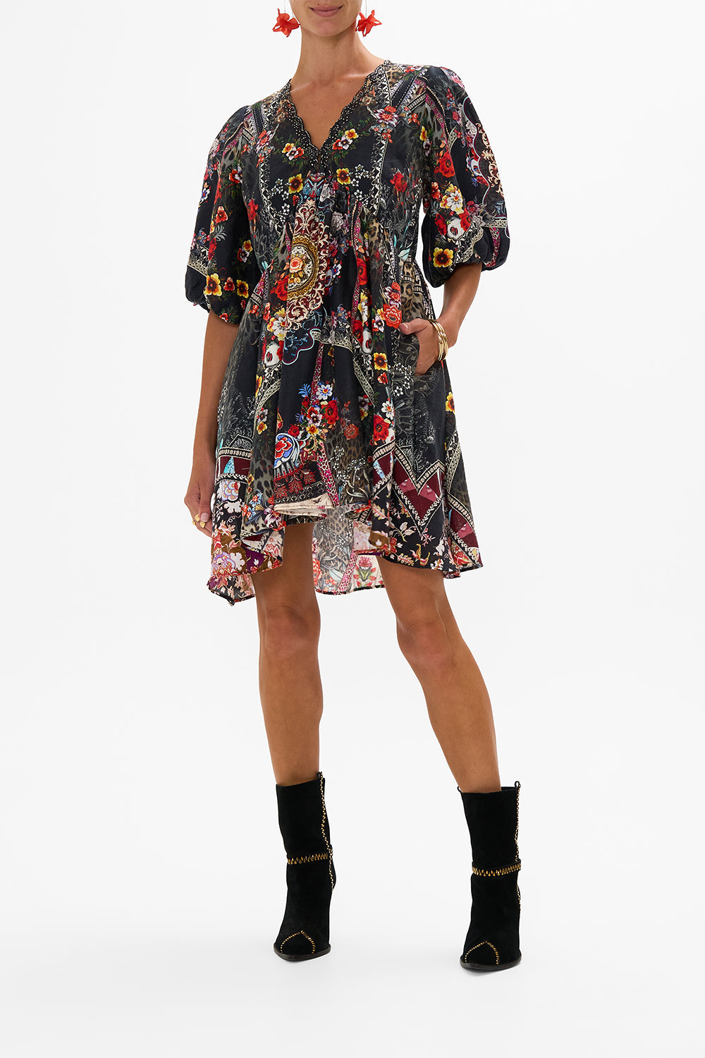 CAMILLA puff sleeve mini dress in Volendam Dolls print